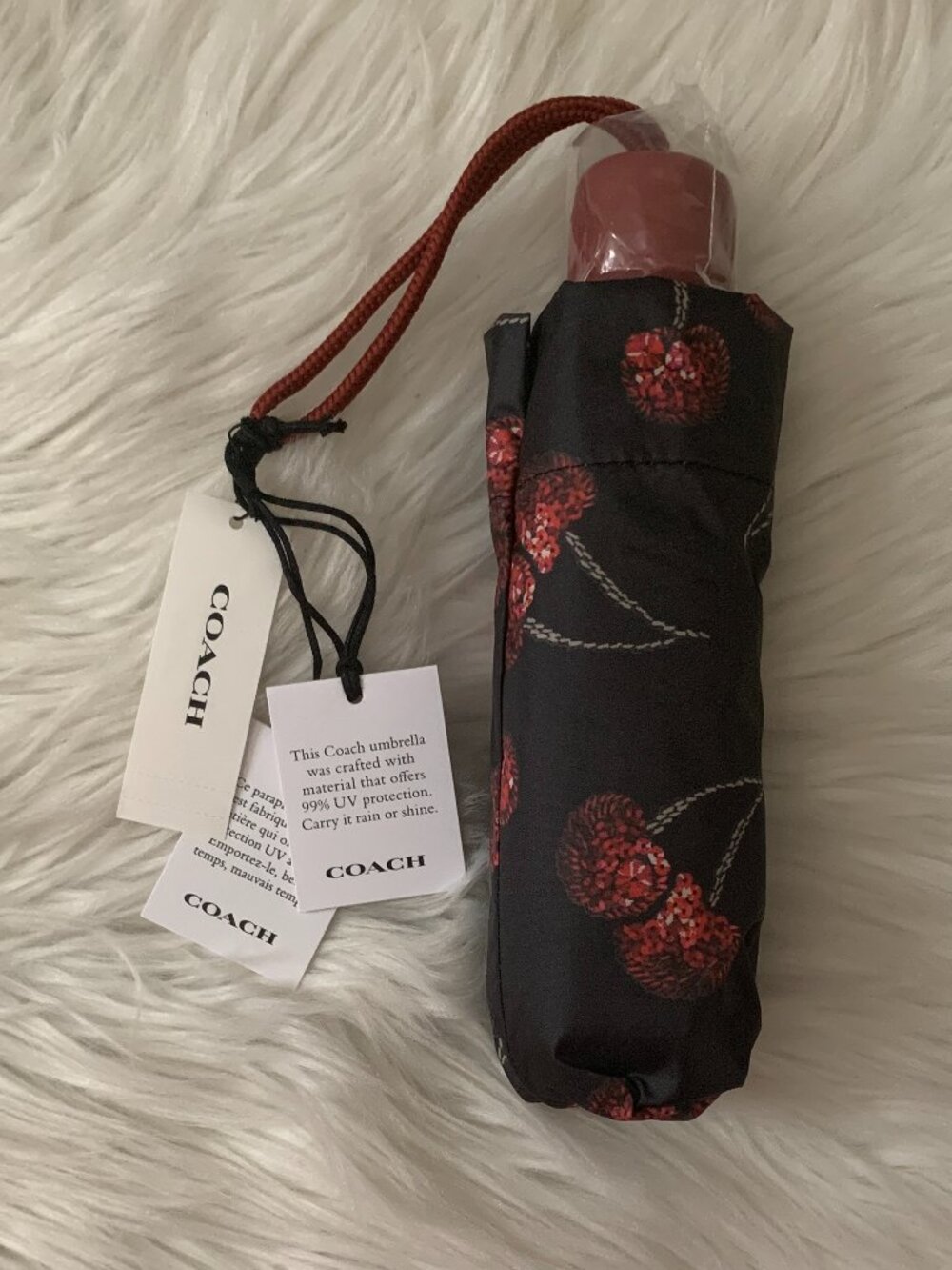 COACH Cherry UV Mini Umbrella in Black/Oxblood